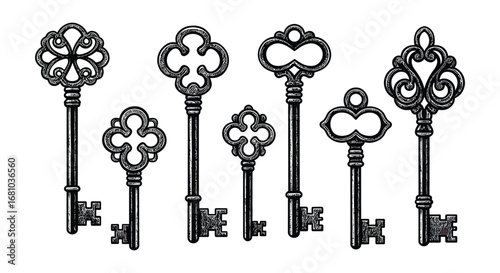 A set of seven antique style keys with ornate designs and shapes silhouette