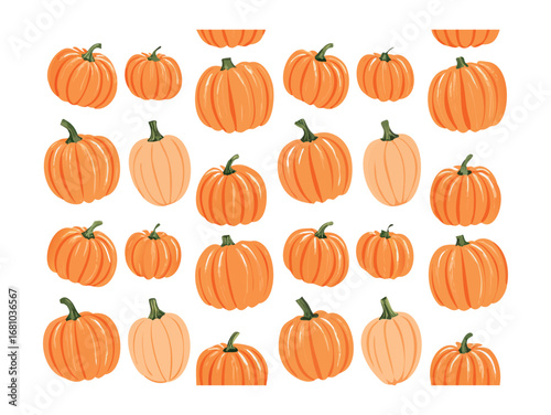 Various orange pumpkins and gourds arranged on a white transparent background