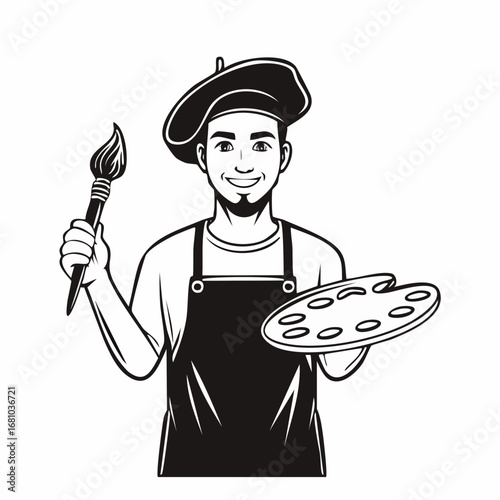 Artist holding palette and paintbrush image vector isolated on white background.