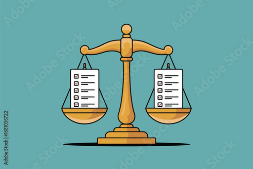 A cartoon scale holding two sheets of paper with checkmarks and lines on a teal background design style
