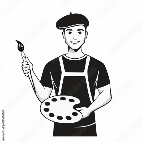 Artist holding palette and paintbrush image vector isolated on white background.