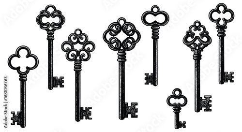 A collection of old fashioned skeleton keys on a white background silhouette