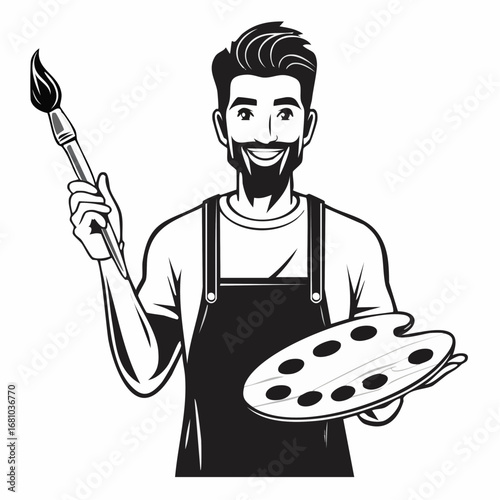 Artist holding palette and paintbrush image vector isolated on white background.