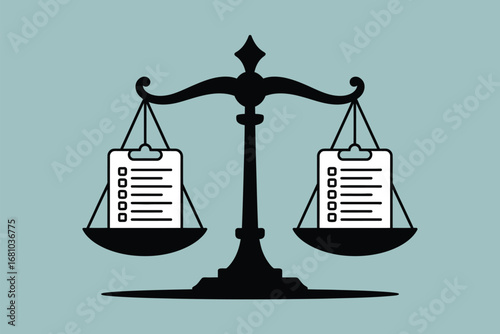 A black scale balancing two clipboards with checklists on a light blue background illustration art