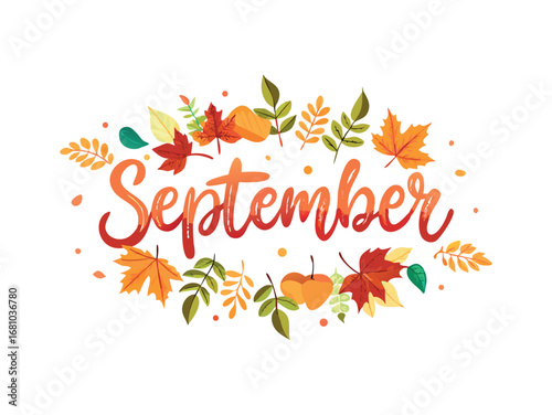 September text surrounded by autumn leaves and fruits