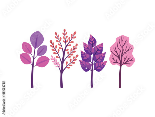 Abstract stylized trees with pink and purple foliage on a transparent background