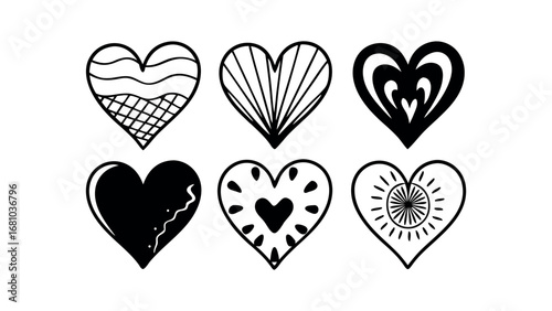 Collection of Six Distinct Heart Shapes with Black Outline on Transparent Background