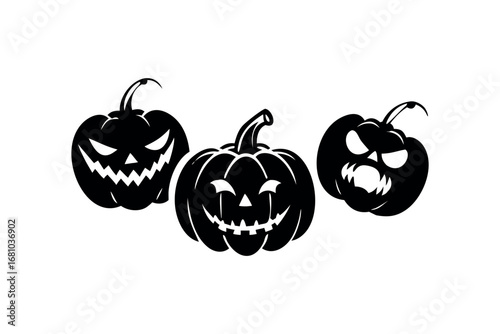 Scary Black Pumpkins with Carved Faces on White