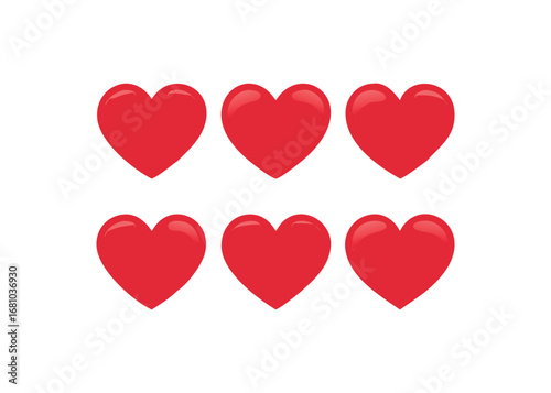 Six Red Hearts Arranged on a White Surface