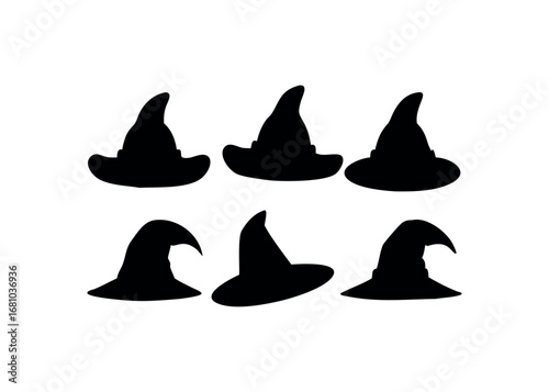Collection of six witch hat silhouettes on transparent background