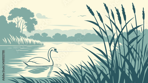 Swan lake landscape illustration with reeds and trees vector nature scene for graphic design use case