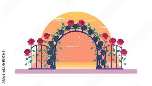 Beautiful rose garden archway vector illustration for landscape design and romantic outdoor scenery background