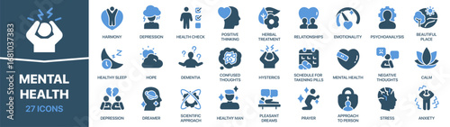 Mental health fill icon collection. Set of icons about psychological wellbeing. Includes emotions, therapy, stress, relaxation, calmness, and spiritual balance