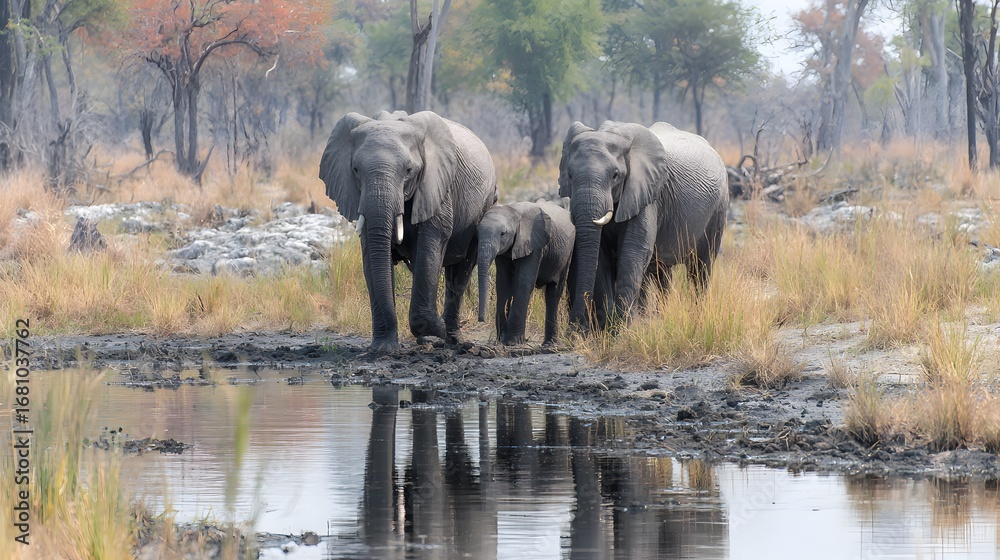 Fototapeta premium A family of elephants walks together along a muddy bank near a wate hole in the African savanna.