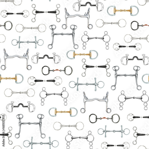 Tableau sur toile Equestrian seamless pattern with hand drawn horse riding equipment, snaffle bits