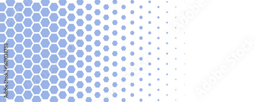 Blue white Hexagon honeycomb pattern fading geometric shape texture. Abstract futuristic background for technology, science, data UI design, skin care medical product, web banner. Vector backdrop