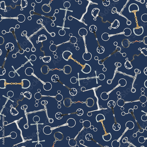 Obraz na płótnie Seamless equestrian pattern with different types of hand drawn horse riding bits