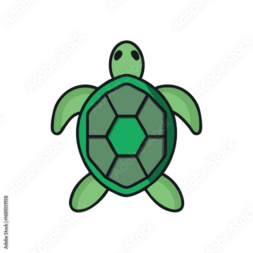Cute cartoon sea turtle with green shell and flippers on transparent background