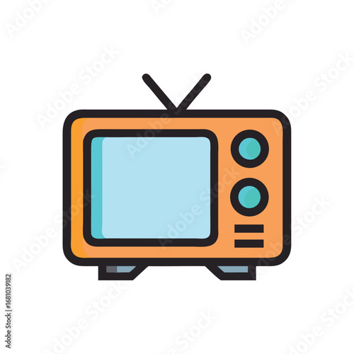 Orange vintage television with antenna and knobs on a transparent background