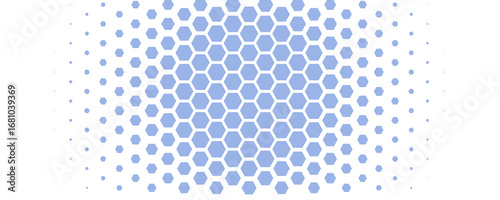 Blue white Hexagon honeycomb pattern fading geometric shape texture. Abstract futuristic background for technology, science, data UI design, skin care medical product, web banner. Vector backdrop
