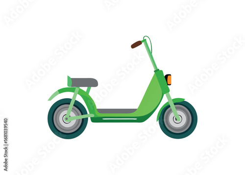 Green modern electric scooter vehicle viewed from side on white