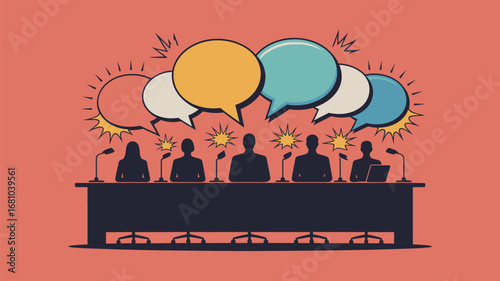 Illustration of a panel discussion with speech bubbles and microphones on a salmon colored background