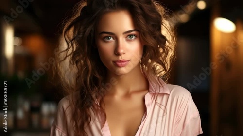 Wallpaper Mural Smiling woman with curly hair enjoying a cozy evening at a warm and inviting indoor setting Torontodigital.ca