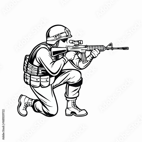 Tactical army soldier shooting image vector isolated on white background.