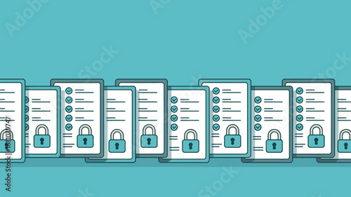 Illustration of multiple documents with checklists and padlocks on a blue background in a row
