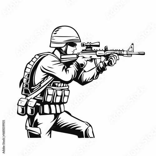 Tactical army soldier shooting image vector isolated on white background.