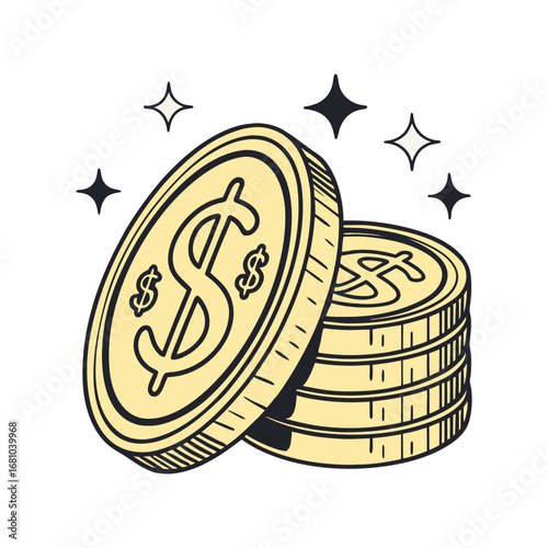 Many and coins icons. stack of coins. Many coins with bag.