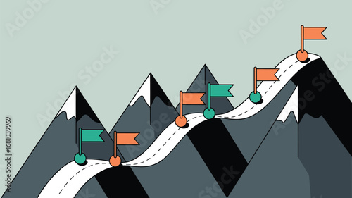 A winding road with flags on mountains indicating progress or milestones in a journey or achievement