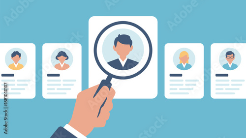 A hand holding a magnifying glass over a candidate profile in a selection process illustration art style