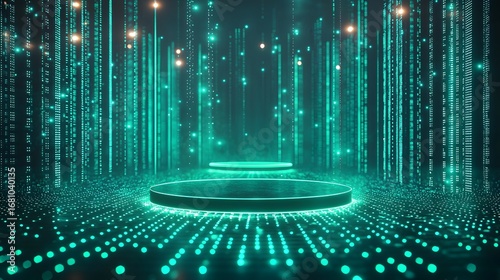A futuristic neon green digital background features a glowing data grid and two illuminated display podiums perfect for tech presentations