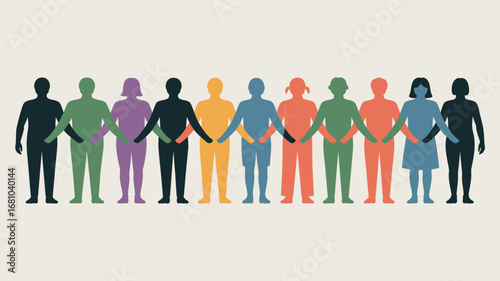 A diverse group of people standing side by side holding hands in a colorful silhouette illustration
