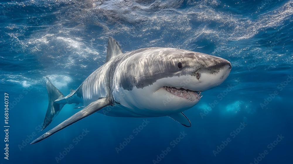 Fototapeta premium A great white shark swims powerfully through deep blue ocean waters towards the camera in a stunning view.