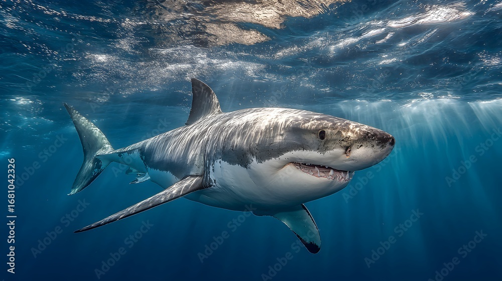 Naklejka premium Majestic great white shark swims powerfully beneath the shimme surface of the deep blue ocean waters now.