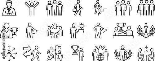 Leadership and Management Line Icons Set – Business, Teamwork, Responsibility, Delegation, Control Vector Illustrations