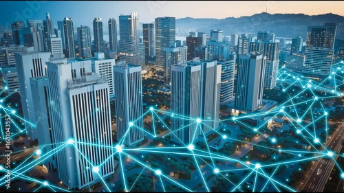Aerial view of a smart city at night with interconnected buildings and glowing network nodes