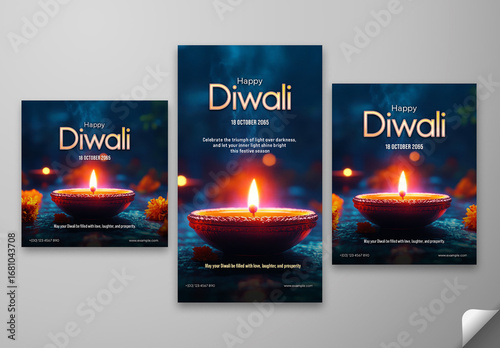 Happy Diwali Social Media Greeting Post and Story Template for Festival Celebration, Editable Design.