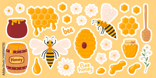 Honey sticker pack. Apiary collection. Honey jar, bee, beehive, flowers, honeycomb, wooden dipper, barrel. Vector illustration in flat hand drawn style