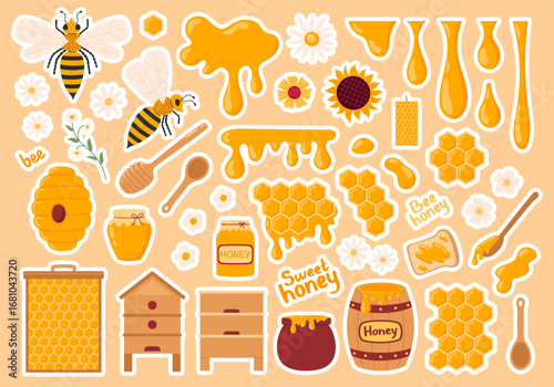 Honey sticker pack. Apiary collection. Honey jar, bee, beehive, flowers, honeycomb, wooden dipper, barrel. Vector illustration in flat hand drawn style