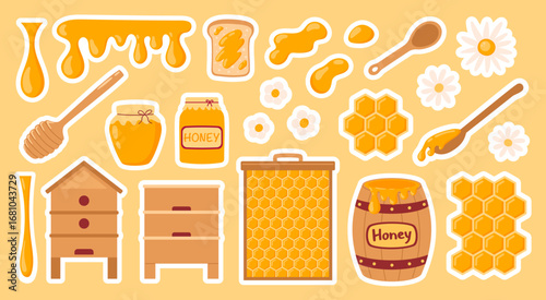 Honey sticker pack. Apiary collection. Honey jar, bee, beehive, flowers, honeycomb, wooden dipper, barrel. Vector illustration in flat hand drawn style