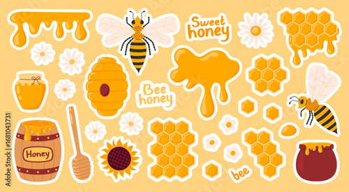 Honey sticker pack. Apiary collection. Honey jar, bee, beehive, flowers, honeycomb, wooden dipper, barrel. Vector illustration in flat hand drawn style