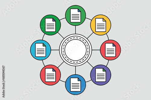 A network of documents connected to a central hub representing data sharing and collaboration concept
