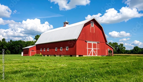 Classic Red Barn with White Roof and Blue Sky, Rural Landscape Scene