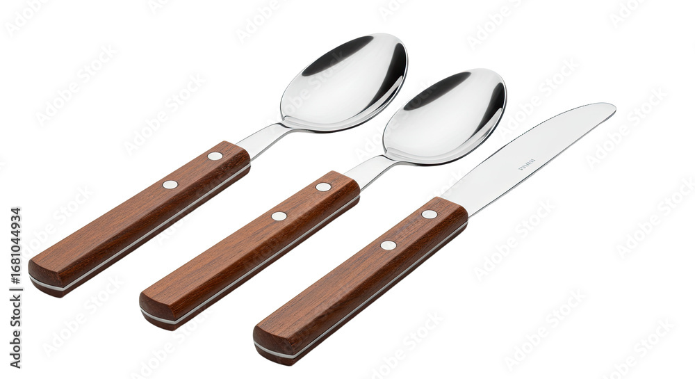 Naklejka premium Wooden handled stainless steel spoon and knife set.