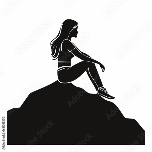 Silhouette Girl Sitting On Top Mountain image vector isolated on white background.