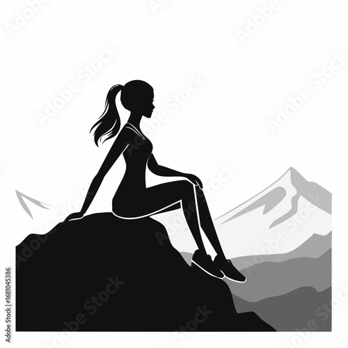 Beautiful woman sitting on mountain top and contemplating landscape silhouette vector.