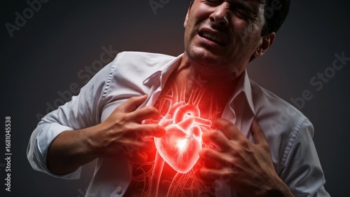 Man clutching chest with hands, glowing red heart pain. Heart attack or severe chest illness medical concept. Healthcare footage.